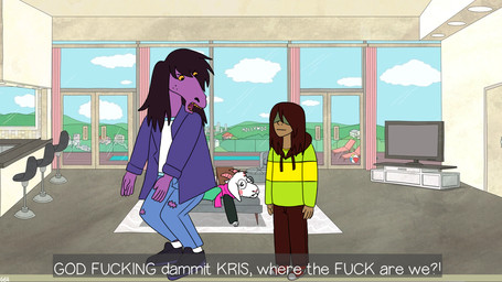 anthro clothed clothing dialogue eyewear female freckles fur glasses group hair hoodie horn humor inside long_face long_hair lying_on_table male parody pink_body profanity screencap screencap_background size_difference style_emulation text topwear trio white_body white_fur goatboyalex bojack_horseman deltarune kris_where_are_we netflix undertale_(series) kris_dreemurr ralsei susie_(deltarune) bovid caprine equid equine goat horse human mammal 2021 english_text meme