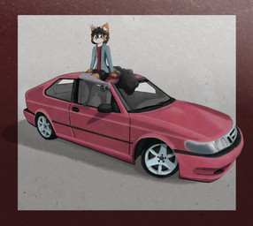 ambiguous_gender anthro black_body black_fur black_hair border bottomwear car cheek_tuft claws clothed clothing crossed_legs eyebrows facial_tuft fur green_eyes grey_body grey_fur hair jacket looking_at_viewer orange_body orange_fur pawpads paws red_border simple_background sitting_on_car skirt smile solo tail topwear tuft vehicle white_body white_fur sierra-owo general_motors saab saab_93 sierra_(sierra-owo) canid canine fox grey_fox mammal urocyon 2024 absurd_res colored digital_media_(artwork) hi_res shaded