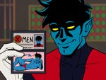 anthro blue_body blue_fur clothing fur hi_res humor male marvel morbidlymaven nightcrawler nipples pecs screencap_redraw smile solo spade_tail speedo swimwear tail the_simpsons wallet x-men yellow_eyes