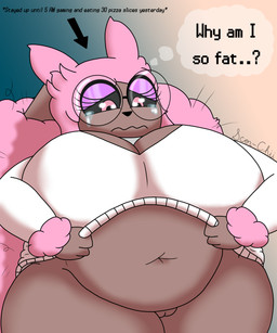 anthro belly big_belly big_breasts bodily_fluids bottomless breasts brown_body brown_fur clothed clothing clothing_lift deep_navel eyewear female fur genitals glasses hair navel nerd overweight overweight_female pink_hair shirt shirt_lift solo sweater tears thick_thighs topwear vulva scor-chii nintendo pokemon ada_(scor-chii) generation_4_pokemon lopunny pokemon_(species) shiny_pokemon 5:6 absurd_res hi_res