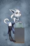 anthro blue_clothing blue_dress box breasts cleavage clothed clothing container dress female fur grey_background legwear plunging_neckline side_boob side_slit side_slit_clothing side_slit_dress sideless_clothing sideless_dress simple_background solo thigh_highs echoseed undertale undertale_(series) mammal tem