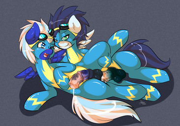anal animal_genitalia animal_penis balls blue_body blue_eyes blue_feathers blue_hair blush bodily_fluids canon_x_oc cum duo equine_genitalia equine_penis erection eyewear feathered_wings feathers feral genital_fluids genitals goggles green_eyes hair half-closed_eyes lying male male/male male_penetrated male_penetrating male_penetrating_male multicolored_hair narrowed_eyes on_side penetration penis sex two_tone_hair vein wings mrfatcakes friendship_is_magic hasbro my_little_pony mythology fan_character soarin_(mlp) wonderbolts_(mlp) equid equine mammal mythological_creature mythological_equine pegasus 2013 source_request