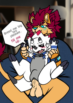 abdominal_bulge anthro balls bean_bag black_eyes blue_eyes blue_nose blush butt cape claws clothing collar crossgender dialogue digiphilia digivice dominant duo facial_horn feet female female_penetrated fur genitals grabbing_from_behind hair holding_arm horn impregnation_request interspecies larger_dom larger_male male male/female male_penetrating mane mtf_crossgender nose_horn open_mouth orange_body orange_fur penetration penile penile_penetration penis penis_in_vagina red_hair requesting sex sitting size_difference smaller_female speech_bubble spread_legs spreading tail text vaginal vaginal_penetration vulva whiskers white_body ruionrollers bandai_namco digimon ceratopsian digimon_(species) dinosaur felid feline gammamon gulusgammamon lion mammal marginocephalian ornithischian pantherine prehistoric_species reptile scalie 2023 digital_media_(artwork) english_text nonbinary_(lore)