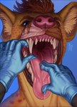 ambiguous_gender anthro blue_eyes bodily_fluids brown_body brown_fur clothing dentist detailed_mouth first_person_view fur gloves hands_in_mouth handwear male medical medical_examination medical_gloves mouth_play mouth_shot open_mouth saliva saliva_on_tongue saliva_string scar sharp_teeth solo teeth riorix a'wip_(charli_sox) hyena mammal absurd_res digital_media_(artwork) hi_res