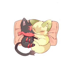 :3 ambiguous_gender blush cheek_tuft duo eyes_closed facial_tuft feral fur green_body green_fur head_tuft hug hugging_another nude pillow pink_pillow simple_background sleeping tail tuft white_background yupo_0322 nintendo pokemon generation_7_pokemon generation_9_pokemon litten pokemon_(species) sprigatito colored colored_sketch digital_drawing_(artwork) digital_media_(artwork) hi_res shaded sketch