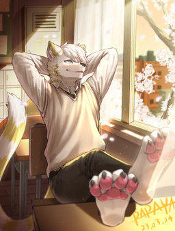 anthro black_bottomwear black_clothing black_pants bottomwear chair clothed clothing fur furniture glistening glistening_eyes green_eyes hair hair_over_eye inner_ear_fluff inside leaning leaning_backward male markings on_chair one_eye_obstructed pants pawpads pink_pawpads short_hair solo striped_markings striped_tail stripes tail tail_markings tan_clothing tan_topwear topwear tuft white_body white_clothing white_fur white_hair white_inner_ear_fluff white_tail white_topwear window yellow_body yellow_fur yellow_tail papayafurry 2023 dated hi_res signature