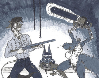 anthro blood bodily_fluids chainsaw clothed clothing decapitation detachable detachable_head duo female fight gore gun headless holding_gun holding_object holding_ranged_weapon holding_weapon male power_tool ranged_weapon tools weapon alex_kl5 conditional_dnp evil_dead nightshade_(kadath) patrick_(kadath) anubian_jackal canid canine canis giraffe giraffid jackal mammal undead zombie marker_(artwork) traditional_media_(artwork)