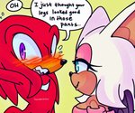 6:5 anthro bat blush bodily_fluids breasts clothed clothing dialogue duo echidna english_text eyelashes female knuckles_the_echidna male mammal monotreme rouge_the_bat sega simple_background sonic_the_hedgehog_(series) sweat text thechaosspirit