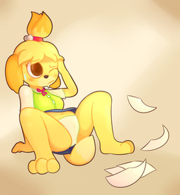 accident accidental_exposure anthro blush clothed clothing female front_view hand_on_head navel one_eye_closed panties solo spread_legs spreading underwear upskirt white_clothing white_panties white_underwear mrdegradation animal_crossing nintendo isabelle_(animal_crossing) canid canine canis domestic_dog mammal shih_tzu toy_dog hi_res