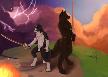 animal_genitalia anthro balls duo electricity fire fully_sheathed genitals lightning male melee_weapon muscular nude open_mouth sheath standing sword weapon themutt border_collie canid canine canis collie domestic_dog herding_dog mammal pastoral_dog sheepdog wolf