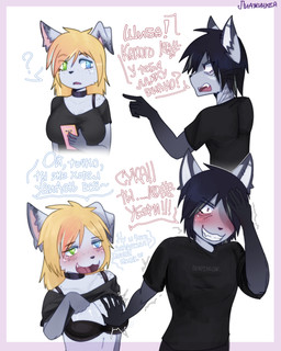 anthro black_hair blonde_hair blush bra_strap breast_grab breasts duo female fur grey_body grey_fur hair hand_on_breast heterochromia long_hair male male/female presenting sheva_(ligynkey) shiba_(ligynkey) shy text conditional_dnp ligynkey bra_strap_showing_(meme) makstaton sheva_(fursona) shiba_(fursona) canid canine canis domestic_cat domestic_dog felid feline felis mammal absurd_res hi_res meme russian_text brother_(lore) brother_and_sister_(lore) incest_(lore) incestuous_temptation_(lore) sibling_(lore) sister_(lore)