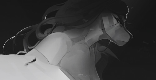 anthro bodily_fluids crying female hair long_hair mouth_closed narrowed_eyes side_view simple_background solo tears text unknowhiter canid mammal 2021 absurd_res artist_name bust_portrait hi_res monochrome portrait