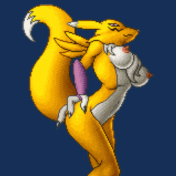 anthro areola arm_tuft armwear biped blue_markings breasts bridal_gauntlets cheek_tuft claws clothing countershade_fur countershade_torso countershading dipstick_ears dipstick_tail ear_markings eye_markings facial_tuft female fluffy fluffy_tail fur gloves gloves_(marking) gloves_only hand_on_hip hand_on_own_hip handwear handwear_only looking_at_viewer markings medium_breasts mostly_nude mouth_closed multicolored_body multicolored_ears multicolored_fur neck_tuft nipples pose shoulder_tuft solo tail tail_markings tuft two_tone_body two_tone_fur white_body white_countershading white_fur white_markings yellow_body yellow_fur humbird0 bandai_namco digimon canid digimon_(species) mammal renamon 1:1 2026 alpha_channel digital_media_(artwork) low_res pixel_(artwork)