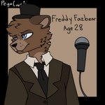 anthro black_tie_(suit) blue_eyes bored brown_body brown_clothing brown_fur brown_suit clothing electronics fangs freckles fur hat headgear headwear looking_offscreen male microphone microphone_wire necktie singer solo suit teeth top_hat pegacousin five_nights_at_freddy's scottgames freddy_(fnaf) bear mammal 1:1 2022 digital_media_(artwork) model_sheet watermark