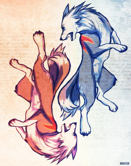 2_tails ambiguous_gender angry blue_eyes cheek_tuft dipstick_tail duo ears_back facial_tuft fangs feral fur grey_body grey_fur markings multi_tail neck_tuft open_mouth orange_body orange_fur pivoted_ears red_markings simple_background tail tail_markings tan_body tan_fur teeth text tuft unknowhiter canid mammal 2015 artist_name