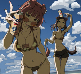 4_ears 5_fingers alcohol bangs barbell_piercing beach beer beverage beverage_can big_breasts bikini biped black_bottomwear black_clothing black_eyebrows black_eyes black_shorts black_text blue_sky bottomwear breast_size_difference breasts brown_ears brown_hair brown_pubes brown_tail cigarette cigarette_box cleavage clothed clothed_female clothed_humanoid clothing cloud collarbone colored_nails day digit_ring duo ear_piercing ear_ring eyebrow_barbell eyebrow_piercing eyebrows eyelashes eyewear facial_piercing fangs female female_humanoid finger_ring fingernails fingers floppy_ears folded_ears gold_bikini hair head_tilt holding_beer holding_beer_can holding_cigarette holding_object human_and_animal_ears jewelry knock-kneed leaning leaning_forward lips long_fingernails long_hair looking_at_viewer looking_down looking_down_at_viewer looking_up medium_breasts multi_ear multiple_ear_ring multiple_piercings nails navel navel_barbell navel_piercing nipple_outline object_between_breasts orange_eyewear orange_sunglasses outside piercing pigtails pink_fingernails pink_nails pink_tongue pube_peek pubes ring_piercing sea shorts side_boob silver_piercing silver_ring skimpy sky standing sunglasses swimwear tail teeth text tongue two-piece_swimsuit water white_text hitsujigoods coors golden_week marlboro_(brand) mitsu_inumoto vhs_inumoto animal_humanoid canid canid_humanoid canine canine_humanoid dog_humanoid humanoid mammal mammal_humanoid 2026 absurd_res english_text hi_res signature sibling_(lore) sister_(lore) sisters_(lore)