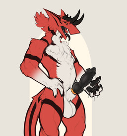 accessory anthro balls bodily_fluids cock_ring fluffy fluffy_chest genital_fluids genitals horn jewelry knot knotted_penis leaking_precum male multicolored_body muscular muscular_male nude nude_anthro open_mouth penis penis_accessory penis_jewelry precum presenting red_body solo standing allanthesergal52 allanthesergal52_(character) demon sergal absurd_res hi_res