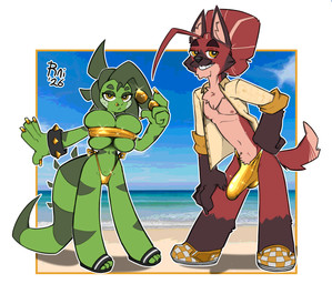 anthro balls_outline barely_contained barely_contained_breasts beach big_breasts big_bulge big_hair bikini biped breasts bulge clothed clothing collared_shirt detailed_bulge dress_shirt duo erection erection_under_clothing eyewear facial_piercing female female_anthro footwear genital_outline gold_(metal) gold_bikini gold_jewelry gold_thong hair hair_bun huge_breasts jewelry male male/female male_anthro nipples nose_piercing nose_ring open_clothing open_shirt open_topwear penis_outline piercing ring_piercing sandals shirt shoes sneakers standing sunglasses swimwear topwear two-piece_swimsuit raidak5 golden_week joyce_(raidak5) rai_(raidak5) canid canine iguana iguanid lizard mammal maned_wolf reptile scalie absurd_res hi_res signature