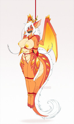 4_toes all_fours anthro antlers arms_tied athletic athletic_anthro athletic_female bdsm big_breasts blue_eyes blush blush_lines bondage bound breasts claws crotch_rope eyebrows eyelashes feet female fur gag gagged genitals hair half-closed_eyes hands_behind_back horn legs_tied muffled multicolored_body multicolored_fur multicolored_tail narrowed_eyes nervous nipples non-mammal_breasts non-mammal_nipples nude nude_anthro nude_female orange_body orange_fur red_body red_fur restraints rope rope_bondage rope_harness simple_background solo submissive submissive_anthro submissive_female suspension suspension_bondage tail tail_bondage tail_tied tape tape_gag text toe_claws toes vulva white_background white_eyebrows white_hair wings yellow_nipples zeveth mythology dragon furred_dragon furred_scalie mythological_creature mythological_scalie scalie winged_dragon artist_name hi_res