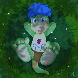 blue_hair bottomwear clothing feet foot_fetish green_body hair loincloth lying markings navel nipples on_back soles spreading tongue tongue_out tribal tribal_markings wardrobe_malfunction young k_vicko dino_(danonino) dinosaur prehistoric_species reptile scalie 1:1 absurd_res hi_res