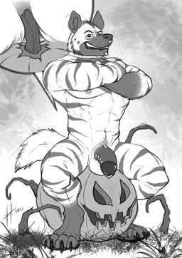 abs anthro chin_piercing claws collar cutaway facial_piercing flaccid food frenum_ladder frenum_piercing front_view fruit genital_piercing genitals grass grin jack-o'-lantern ladder_piercing looking_at_viewer male male_anthro multiple_piercings muscular muscular_anthro muscular_male nipple_piercing nipple_ring nipples nose_piercing nose_ring nude pawpads pecs penis penis_piercing piercing plant prince_albert_piercing pubes pumpkin ring_piercing septum_piercing septum_ring simple_background sitting smile solo stem striped_arms striped_legs toe_claws hufnaar laszlo_(stripeyyena) hyena mammal 2021 absurd_res dated hi_res monochrome