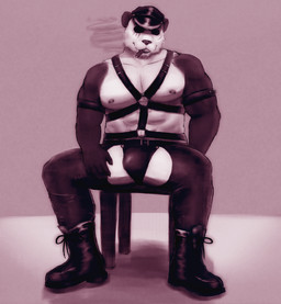 abs anthro arm_strap black_markings boots bottomwear bulge chaps cigar cigar_in_mouth cigar_smoke cigarette cigarette_in_mouth cigarette_smoke claws clothing facial_scar footwear furniture grin harness hat headgear headwear leather leather_boots leather_bottomwear leather_chaps leather_clothing leather_footwear leather_hat leather_headgear leather_headwear leather_pants leather_underwear looking_at_viewer male markings mature_anthro mature_male muscular muscular_arms nipple_piercing nipples object_in_mouth pants pecs piercing scar shoes simple_background sitting smile smoke smoking smoking_cigarette solo spread_legs spreading stool suggestive underwear white_body ronzki beastars gouhin_(beastars) bear giant_panda mammal ursidae hi_res shaded sketch