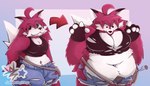 anthro belly_piercing big_breasts black_clothing blush blush_lines bottomwear breasts button_(fastener) button_pop clothing crop_top duo embarrassed fat_folds female fingerless_gloves fur gloves hair hand_on_hip handwear long_hair looking_at_viewer looking_down navel overweight overweight_female red_body red_fur sequential_arrow shirt shorts surprised surprised_expression tail thick_thighs topwear torn_clothing wardrobe_malfunction weight_gain white_body white_fur justwatchingthings alex_(marianox364) canid canine fox mammal 7:4 absurd_res hi_res sequence