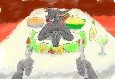 alcohol anthro anus apple apple_in_mouth balls beverage character_prepared_as_food cutlery dessert disembodied_hand duo first_person_view food footprint fork fruit fur furniture genitals grey_body grey_fur kitchen_utensils knife male markings nude pastry pawprint pawprint_(marking) pie plant presenting presenting_anus solo_focus table tools bizarrober sean_(seanthebat) bat mammal 2020 hi_res