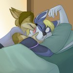 anthro bed black_nose blonde_hair blue_body blue_fur brown_body brown_fur brown_hair cheek_lick clothed clothing dipstick_ears duo ear_markings face_lick female fur furniture hair licking licking_another licking_partner male male/female multicolored_ears one_eye_closed pillow tongue tongue_out foxenawolf charity_cross eric_cross canid canine canis coyote mammal wolf 1:1 2021 hi_res