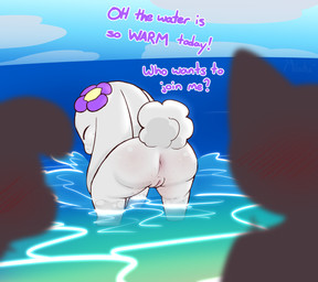 all_fours ambiguous_anthro ambiguous_gender anthro anus beach big_butt blush blush_lines butt butt_focus casual_nudity cloud day detailed_background dialogue eyes_closed faceless_anthro faceless_character female female_anthro female_focus floppy_ears flower_on_head foreground_silhouette freckled_butt freckled_face freckles fur genitals glistening glistening_butt group long_ears lop_ears monotone_body monotone_fur nude nude_anthro nude_female outdoor_nudity outside partially_submerged public public_nudity rear_view scut_tail sea seaside short_tail shortstack silhouette skinny_dipping solo_focus splash splashing_water tail text trio vulva water whiskers white_body white_fur milachu92 lantha canid canine canis domestic_cat domestic_dog felid feline felis lagomorph leporid mammal rabbit 2021 absurd_res artist_name digital_drawing_(artwork) digital_media_(artwork) english_text hi_res shaded soft_shading
