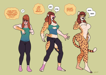 anthro base_one_layout basic_sequence blush breast_expansion breasts brown_hair butt butt_expansion clothing dialogue expansion eyes_closed eyewear female glasses green_background growth hair hand_on_breast human_to_anthro linear_sequence nude offscreen_character one_row_layout open_mouth simple_background smile solo species_transformation standing tail tail_growth text three_frame_image three_frame_sequence torn_clothing transformation transformation_sequence whiskers blackshirtboy cheetah felid feline human mammal 2020 english_text hi_res sequence
