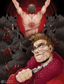 5_fingers ambiguous_gender blood blood_in_mouth bodily_fluids branded brown_hair bruised clothed clothing coat eyewear feral fingers fur glasses group hair knife male muscular muscular_male open_mouth red_eyes snout topless topless_male topwear tusks wrinkles zillabean hannibal_(series) hannibal_lecter mason_verger domestic_pig human mammal suid suine sus_(pig) digital_media_(artwork)
