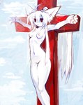 ahoge anthro blood bodily_fluids breasts cross crucifixion eyebrows featureless_crotch female hair long_hair navel nipples nude pointy_ears ponytail prick_ears red_eyes sky skyscape solo white_body white_hair wounded yogurt200 rabbitmaiden_softworks waterfairy mammal hi_res