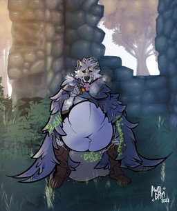 anthro belly big_belly bloated bodily_noises different_sound_effects extended_sound_effect fully_inside glut male onomatopoeia rumbling_stomach slosh sloshing_belly sound_effect_variant sound_effects text tongue tongue_out vore awoogasm elden_ring fromsoftware blaidd_(elden_ring) canid canine canis mammal wolf hi_res