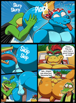 anal anthro anus areola aroused aroused_male backsack balls beach beach_chair biceps big_penis blush bodily_fluids butt clothed clothing dialogue fangs genitals group half-erect hand_on_butt headgear headgear_only headwear headwear_only humanoid_genitalia humanoid_penis inviting_to_sex jacket legs_up licking licking_lips licking_own_lips lying male male/male male_rimmed male_rimming male_rimming_male mostly_nude muscular muscular_anthro muscular_bottom muscular_male narrowed_eyes nipples nude on_back open_clothing open_jacket open_mouth open_topwear oral outside outside_sex overweight_bottom pecs penis perineum presenting presenting_anus presenting_hindquarters rimming saliva saliva_on_anus saliva_string sand seaside sex speech_bubble spread_legs spreading tail teeth text thought_bubble tongue tongue_out topwear trio elfein diddy_kong_racing donkey_kong_(series) mario_bros nintendo bowser krunch_the_kremling kruncha alligator alligatorid crocodile crocodilian kremling kritter_(kremling) reptile scalie comic digital_media_(artwork) english_text hi_res