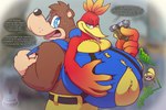 anthro backpack big_breasts blue_eyes breasts brown_hair digestion digestion_noises duo feathers female green_eyes hair male male/female overweight red_body red_feathers red_hair ripping_clothing text vore yellow_body yellow_feathers cabezilla banjo-kazooie metroid microsoft nintendo rareware super_smash_bros. xbox_game_studios banjo_(banjo-kazooie) kazooie samus_aran avian bear breegull mammal 2024 english_text hi_res