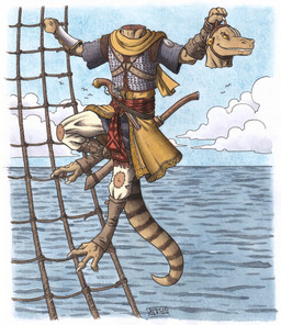 ambiguous_gender anthro armor climbing clothed clothing cutlass detachable detachable_head flintlock_pistol fully_clothed green_body gun handgun headless holding_head holding_own_head melee_weapon modular outside pistol ranged_weapon sea solo sword water weapon 0laffson european_mythology irish_mythology mythology dullahan lizard reptile scalie 2026 hi_res traditional_media_(artwork)