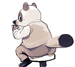 anthro biped blush bottomwear butt chibi clothing container cup drinking kemono mug pants shirt simple_background sitting slightly_chubby solo topwear masshiro animal_crossing nintendo tom_nook_(animal_crossing) canid canine mammal raccoon_dog tanuki 2022