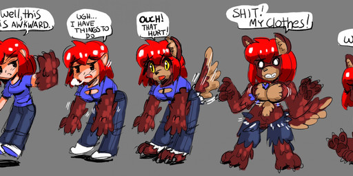 anthro blue_clothing blue_shirt blue_topwear blush bottomwear breast_expansion breasts brown_body brown_fur claws clothing dialogue expansion female footwear fur grey_background growth hair human_to_anthro naturally_censored open_mouth pants pawpads red_hair shirt shoes simple_background sitting solo species_transformation standing surprised tail tail_growth text topwear torn_clothing transformation berribyte canid human mammal 2026 digital_media_(artwork) english_text hi_res sequence