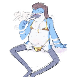 anthro bikini blush brown_hair bulge clothing crossdressing_male eyewear feet glasses hair male overweight overweight_male solo steam swimwear talons toes toony two-piece_swimsuit thecartoongooner cartoon_network golden_week regular_show william_(regular_show) avian bird blue_jay corvid jay_(bird) new_world_jay oscine passerine flat_colors hi_res