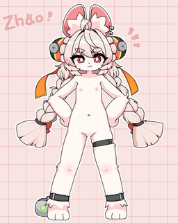 anthro bar_emanata cat_smile ear_piercing emanata female flat_chested fur fur_tuft genitals hair hands_on_hips inner_ear_fluff kemono long_pigtails nipples nude piercing pigtails pink_body pink_fur pink_hair pose red_eyes solo text thigh_strap tuft vulva young potatobud3 mihoyo zenless_zone_zero zhao lagomorph leporid mammal rabbit thiren character_name hi_res