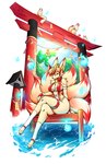 anthro arm_tuft bell bell_collar breasts chest_tuft clothing collar crossed_legs dipstick_tail eyebrows eyelashes eyes_closed feet female fingerless_gloves fur gloves hair hand_on_knee hand_on_leg handwear inner_ear_fluff legband markings multi_tail one-piece_swimsuit red_clothing red_swimwear red_tail_tip shoulder_tuft sitting sling_bikini solo swimwear tail tail_markings tan_body tan_fur thighband toeless_legwear torii tuft water drfoxxbutt canid canine fox mammal 2025 absurd_res hi_res