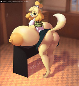 anthro bare_butt big_breasts big_butt bottomwear breast_rest breasts butt clothed clothing clothing_lift desk female furniture huge_breasts hyper hyper_breasts inside looking_at_viewer looking_back no_underwear office raised_tail skirt skirt_lift solo table tail text tongue tongue_out skye_cloud animal_crossing nintendo isabelle_(animal_crossing) canid canine canis domestic_dog mammal shih_tzu toy_dog 2025 digital_drawing_(artwork) digital_media_(artwork) url