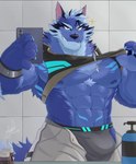 abs anthro barazoku biceps big_bulge biped blue_body blue_fur bottomwear bulge camera_view cellphone chest_fur clothed clothing electronics eyebrows fur holding_cellphone holding_object holding_phone holding_smartphone jockstrap kemono male mirror_selfie muscular muscular_anthro muscular_male nipples open_bottomwear open_clothing open_pants pants pecs phone pose selfie shirt smartphone smile solo sparkles tank_top teeth topwear underwear zen_crael lifewonders tokyo_afterschool_summoners tindalos_(tas) canid canine canis mammal wolf 2023 digital_media_(artwork) hi_res pinup signature