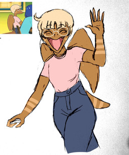 5_fingers abstract_background anthro blonde_hair bottomwear brown_body brown_scales claws clothing denim denim_bottomwear denim_clothing eyes_closed eyewear femboy finger_claws fingers front_view gesture glasses hair jeans male open_mouth open_smile pants pink_clothing pink_shirt pink_t-shirt pink_topwear round_glasses scales shirt short_hair short_tail smile solo t-shirt tail topwear waving waving_at_viewer wings jauntyweb goodbye_volcano_high ko_op_(game_developer) background_character lamont_(gvh) prehistoric_species pterosaur reptile scalie 2024 digital_drawing_(artwork) digital_media_(artwork) hi_res