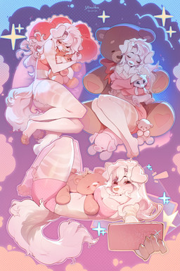 anthro big_breasts bottomwear breasts clothing electronics eyes_closed female floppy_ears hair holding_object holding_phone hug hugging_object hugging_plushie legs_together long_hair lying multiple_outfits multiple_poses navel on_back on_side panties paws phone pillow plushie pose shorts sleeping smile snout solo tail topwear underwear ulitochka canid canine canis domestic_dog mammal 2024 colored dated digital_drawing_(artwork) digital_media_(artwork) hi_res shaded