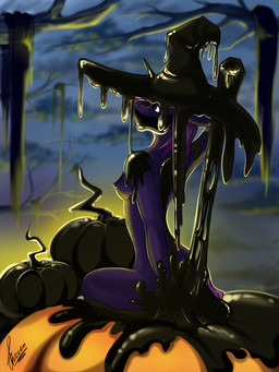 anthro bound clothing encasement female food fruit hat headgear headwear holidays horn latex muzzle_(object) muzzled plant pumpkin solo witch_hat stirren halloween hasbro my_little_pony mythology equid equine goo_creature horse living_latex mammal mythological_creature mythological_equine unicorn 3:4 absurd_res hi_res story story_in_description