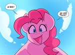 2023 averysweatyboy blue_eyes cloud comic dialogue earth_pony english_text equid equine female feral first_person_view friendship_is_magic fur hair hasbro horse looking_at_viewer looking_down mammal my_little_pony pink_body pink_fur pink_hair pinkie_pie_(mlp) pony sky skyscape solo text