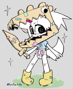 4_fingers anthro band-aid bandage black_nose blue_clothing blue_shirt blue_t-shirt blue_topwear blush blush_lines boots cardboard cardboard_helmet cardboard_weapon clean_diaper clothing diaper ear_piercing female fingers floppy_ears folded_ears footwear fur googly_eyes grey_background hair holding_melee_weapon holding_object holding_sword holding_weapon horn knee_blush looking_at_viewer melee_weapon piercing pink_horn pink_inner_ear shirt shoes simple_background solo standing star star_eyes sword t-shirt tail tongue tongue_out topwear unicorn_horn weapon wetness_indicator white_body white_fur white_hair white_tail yellow_boots yellow_clothing yellow_footwear young young_anthro anxipup adventure_time cartoon_network lady_rainicorn unicorn_puppie_(anxipup) canid canine mammal 2025 hi_res signature