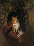 1844 19th_century absurd_res ambiguous_gender ancient_art detailed_background domestic_cat felid feline felis feral flower formal_art fur grey_body grey_fur group henriette_ronner-knip hi_res looking_at_viewer mammal monotone_body monotone_fur no_sclera nude oil_painting_(artwork) open_mouth orange_body orange_fur painting_(artwork) paws plant public_domain pupils quadruped signature slit_pupils standing traditional_media_(artwork) vines whiskers white_body white_fur yellow_eyes young young_feral